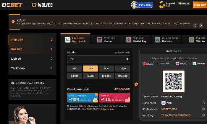 Nạp tiền và tham gia cá cược tại nhà cái Debet